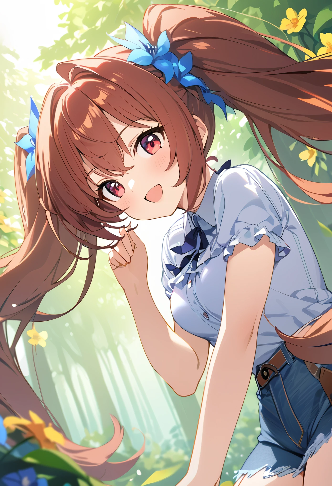 Young Girl、Very cute、Small、Firm breasts、Denim hot pants、Reddish brown hair、Twin tails、Voluminous Hair、Top quality backgrounds、Sunlit forest、Colorful flowers、A distant view、Cheerful pose