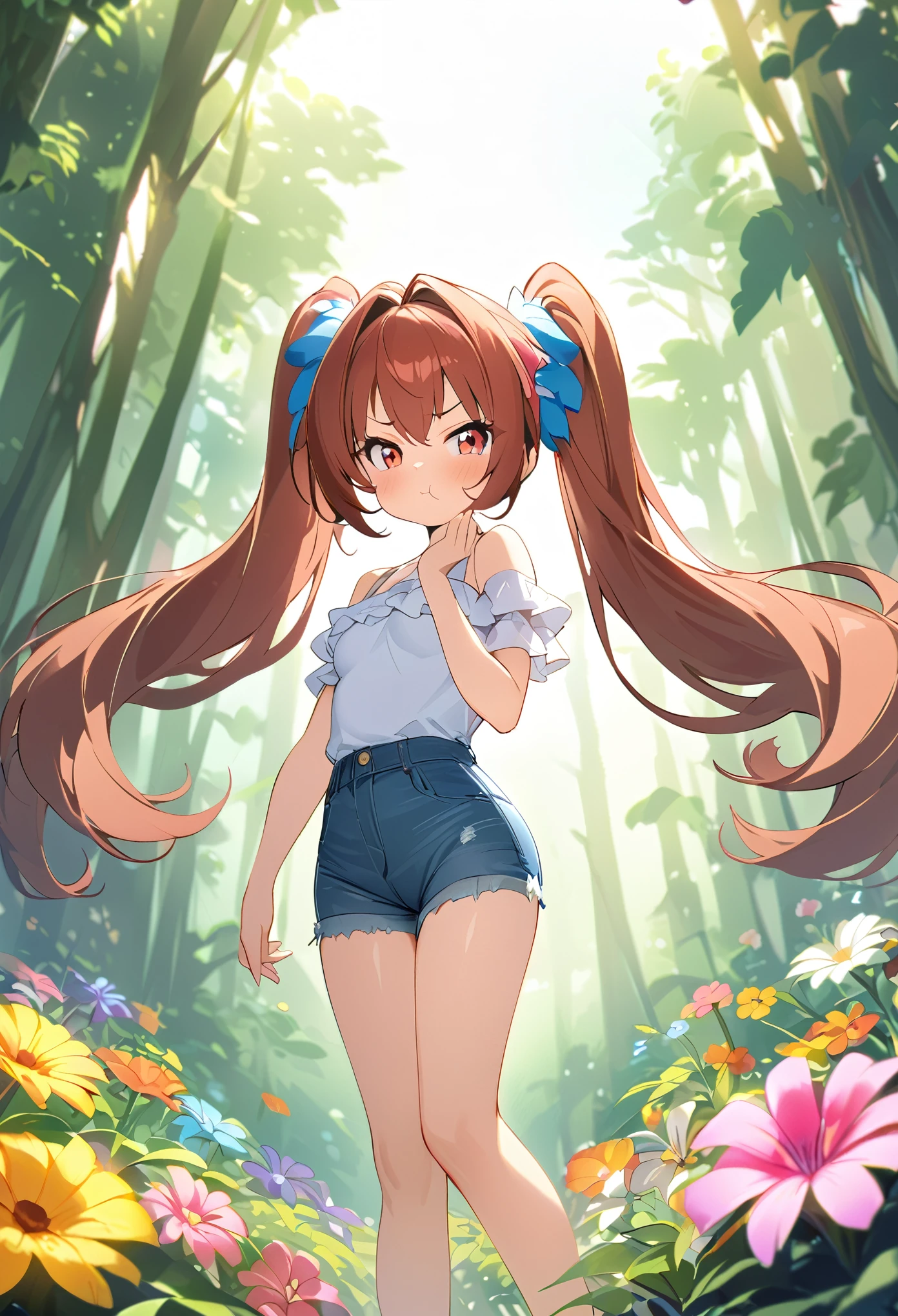 Young Girl、Very cute、Small、Firm breasts、Denim hot pants、Reddish brown hair、Twin tails、Voluminous Hair、Top quality backgrounds、Sunlit forest、Colorful flowers、A distant view、Pull your cheek、Pouty face