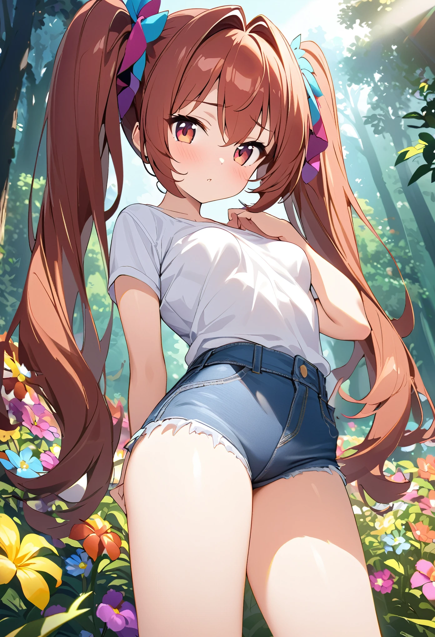 Viewer discretion advised、Young Girl、Very cute、Small、Firm breasts、White shirt、Denim hot pants、Reddish brown hair、Twin tails、Voluminous Hair、Top quality backgrounds、Sunlit forest、Colorful flowers、Roll up your clothes