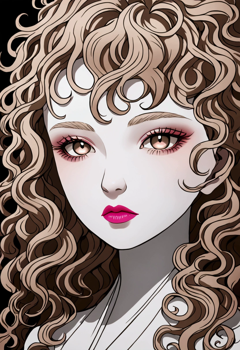 A girl with white skin with light brown curly hair, striking light brown eyes, pink lips,