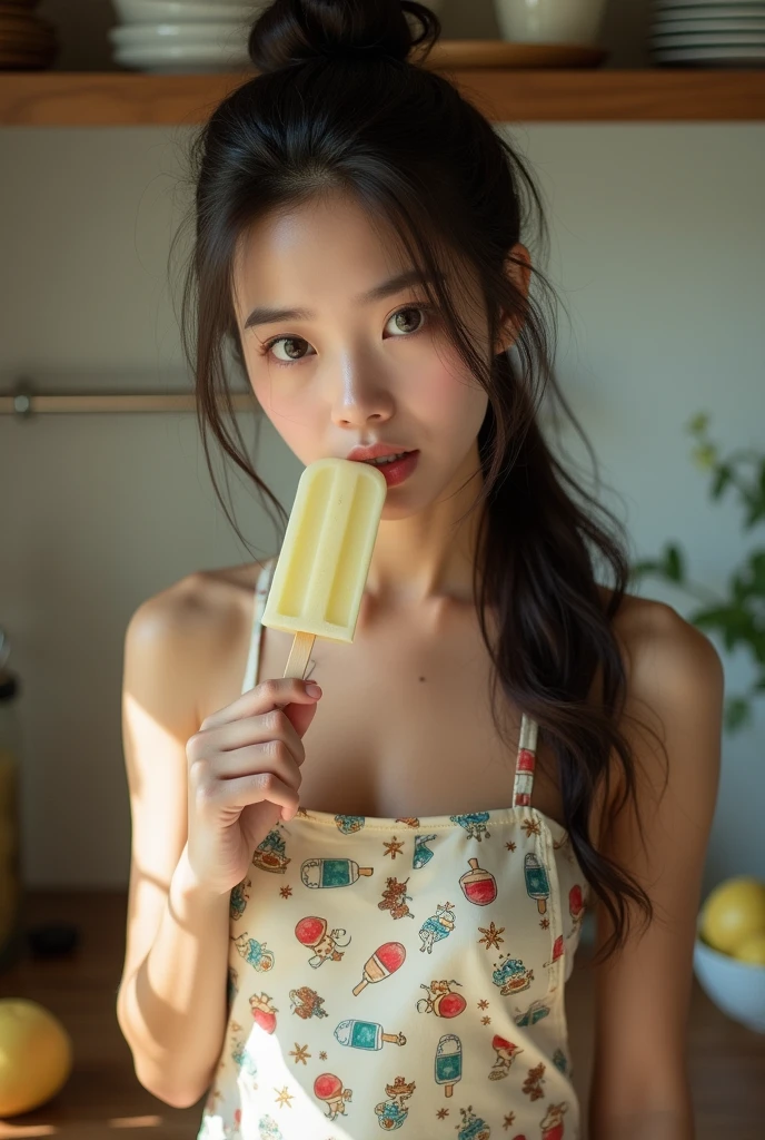 1girl,(Best quality at best, tmasterpiece:1.2), super high separation rate, actual, Frontlighting, Complicated details, Exquisitedetailsandtextures, (with sparkling eyes and a contagious smile),cute Face highlights, Best Quality, masutepiece, beautiful mature women、Beautiful face、Strong-minded woman、Office Suits、brown haired、Brown-eyed、Longhaire、Undersized eyes、Full body like、In front of a convenience store、outside of house、Eating popsicles,her thin pubic hair, looking at viewer,