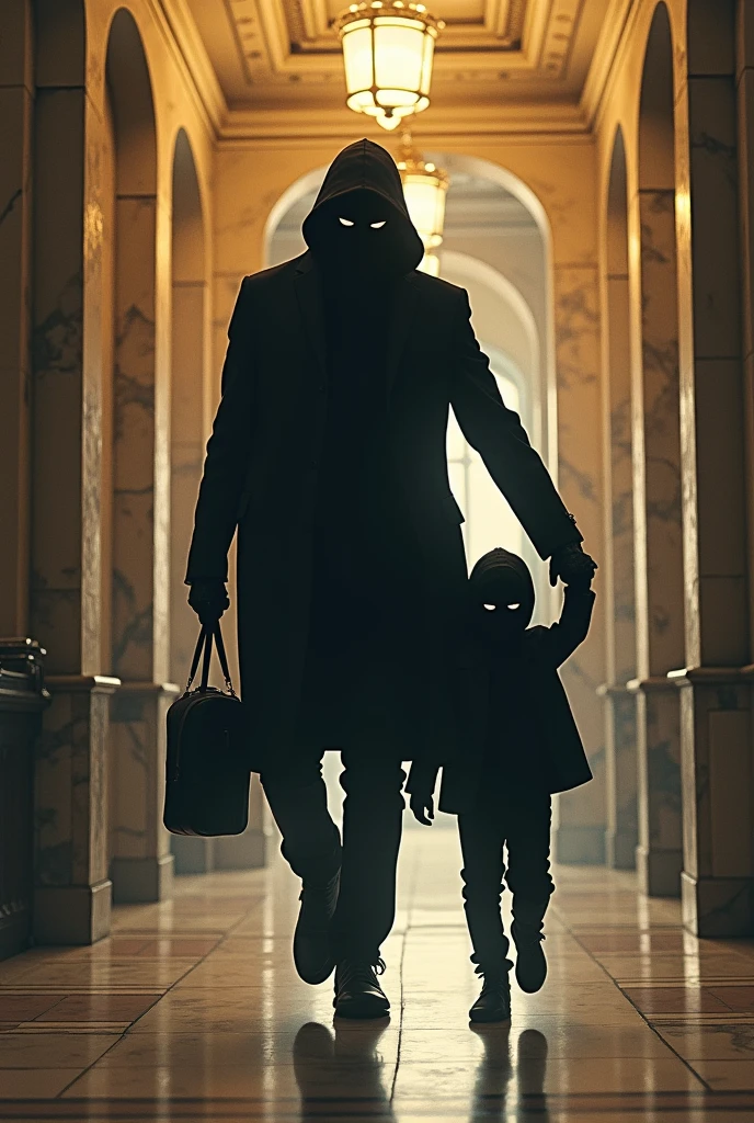 Psycho creepy clown mask killer in long black reaper style cloak walking down a school corridor at night --auto