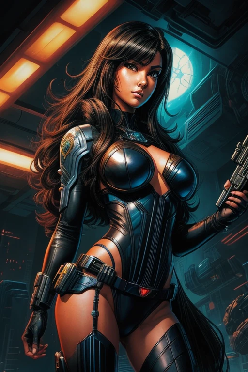 Rita Faltoyano wearing a sexy white swinsuit with orange lace, cleavage, futuristic cyberpunk, (((full body))) in comic panel, full body, bold lineart illustration comics, long black hair, seductive blue eyes, parted lips , Perfect body, curvy, big boobs, big booty, Fitness, nsfw, Adam Hughes style, (((masterpiece))), (((adult))) Explore the retro-futuristic aesthetic, highlighting your confidence and skill. In the top of building. big city night