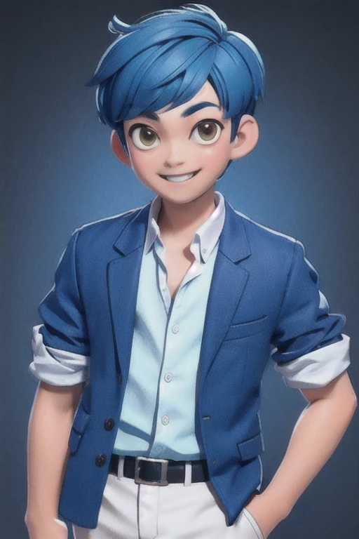 1boy, solo, teenager, pretty boy, short blue hair, bob-cut style, brown eyes, (Wearing: opened blue jacket, white undershirt and black pants), looking at viewer, smiling, his appearance reflects his cute and innocent personality, masterpiece, best quality,3d rending work ,3DMM style, close-up, portrait, 3D,
