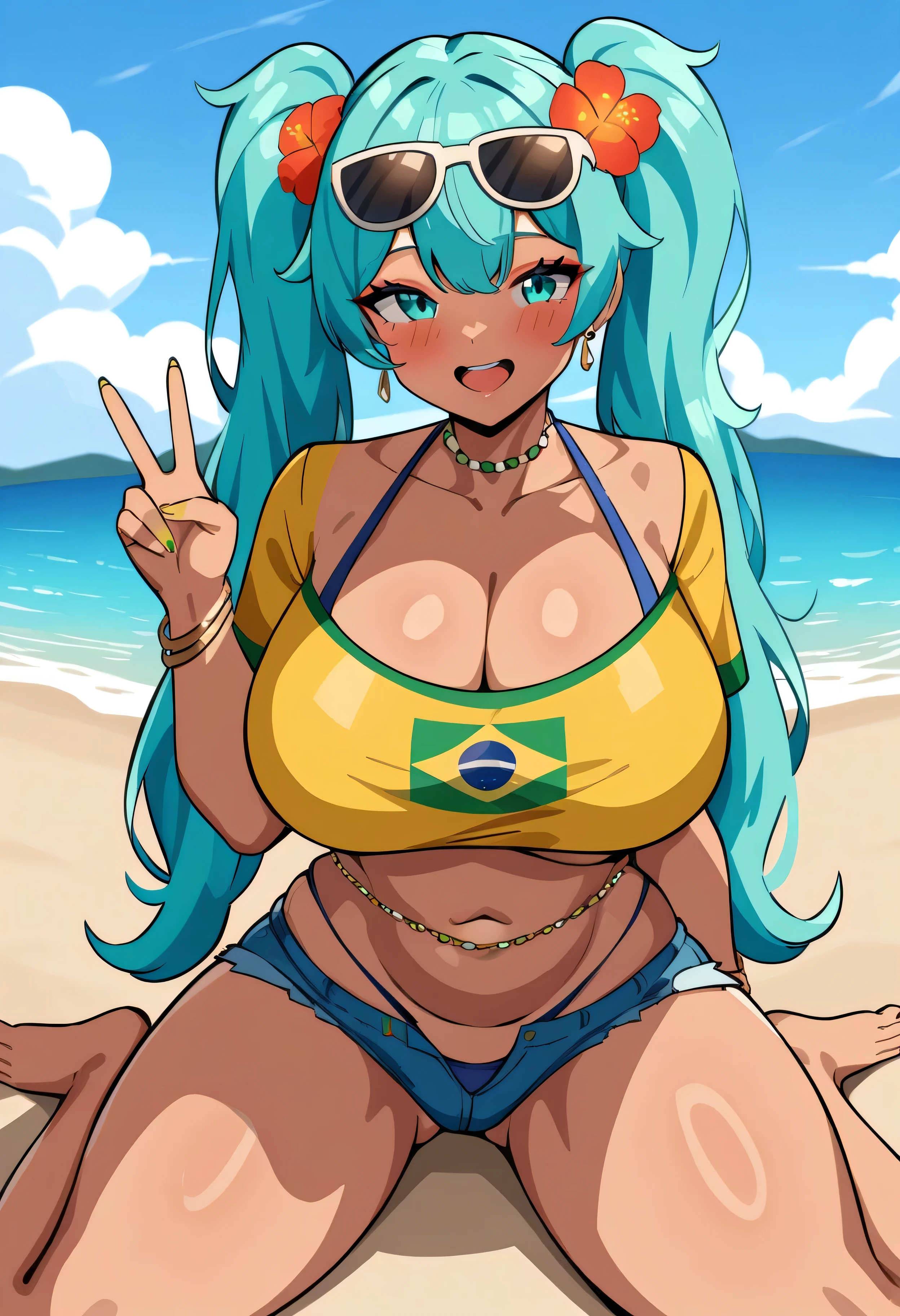 (anime art style:1.0), 2d, masterpiece, best quality, very aesthetic, absurdres, dynamic shadows, atmosferic, brazilian_miku, 1girl, solo, aqua hair, (twintails), bangs, aqua eyes, big breasts, (curvy body), makeup, blush, collarbone, cleavage, blue garters, blue panties, yellow crop top, denim shorts, micro shorts, off shoulder, short sleeves, sunglasses on head, flower on hair, bead choker, belly chain, gold earrings, gold bracelet, (dark skin:0.2), smile, opened mouth, cowboy shot, from front, (v), sitting, wariza, opened legs, (looking at viewer:1.0), beach, sea, clouds