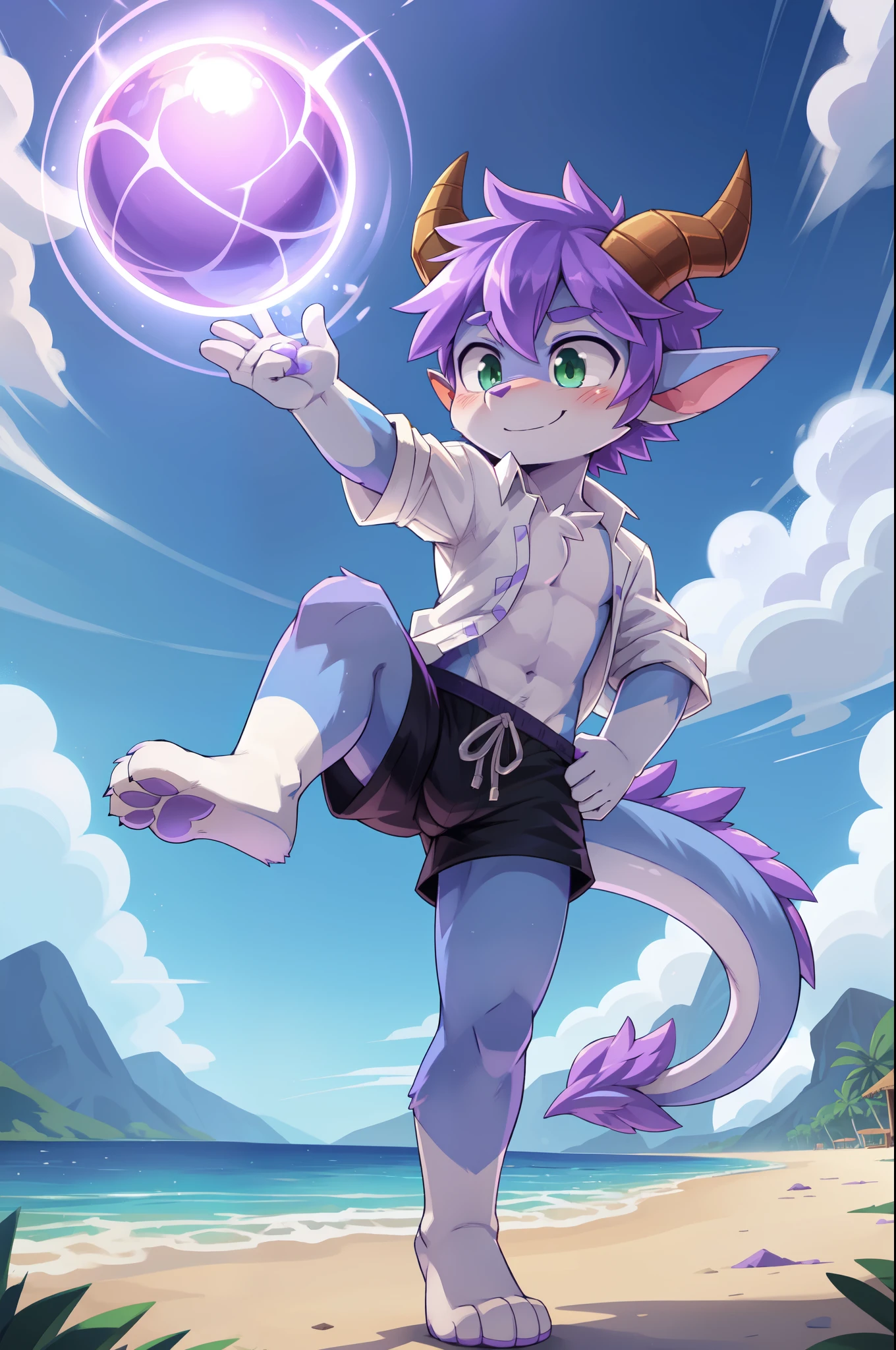 score_9,score_8_up,score_7_up, source_cartoon, source_furry, dragon boy, horns, green eyes, tail, purple hair, shota, furry, blush, dragon tail, looking at viewer, smile, dragon horns, pointy ears, short hair, furry male, two tone body fur, blue body fur, white body fur, ((white hawaiian shirt, open clothes, black swim trunks)), full body, feets with three toes, 3 toes, dynamic action shot, motion blur, thick outline, anthropomorphic, countershading, beach, clear sky, ((prepare to fight pose, most powerfull, lilac aura & energy ball, lilac energy ball on hand, lilac magic, standing with one leg, one leg up)), looking at you,