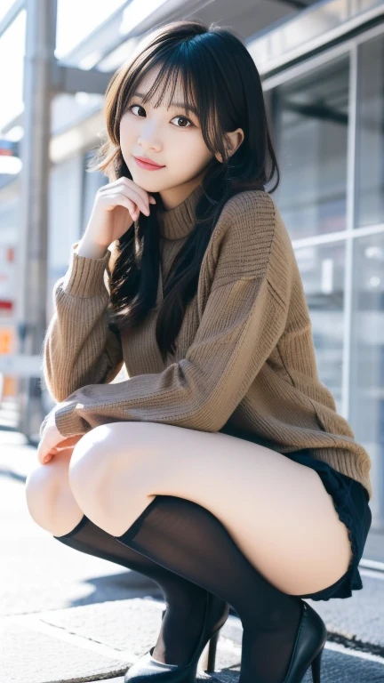 Photos taken by a professional photographer，Close-up of a woman squatting on the sidewalk with her legs crossed, Kiko Mizuhara, Wear a sweater, Shirahime、Brown hair cut, Wear a sweater, Young and pretty girl, Japanese Model, 白いWear a sweater, Chiho, ランダムカラーのカジュアルなWear a sweater,Cute eyed waves for short hair, a Cute young woman, Cute young woman, Black Pantyhose，Black tights，Black high heels，I can see a little bit of my butt、The edges of her lace panties are showing