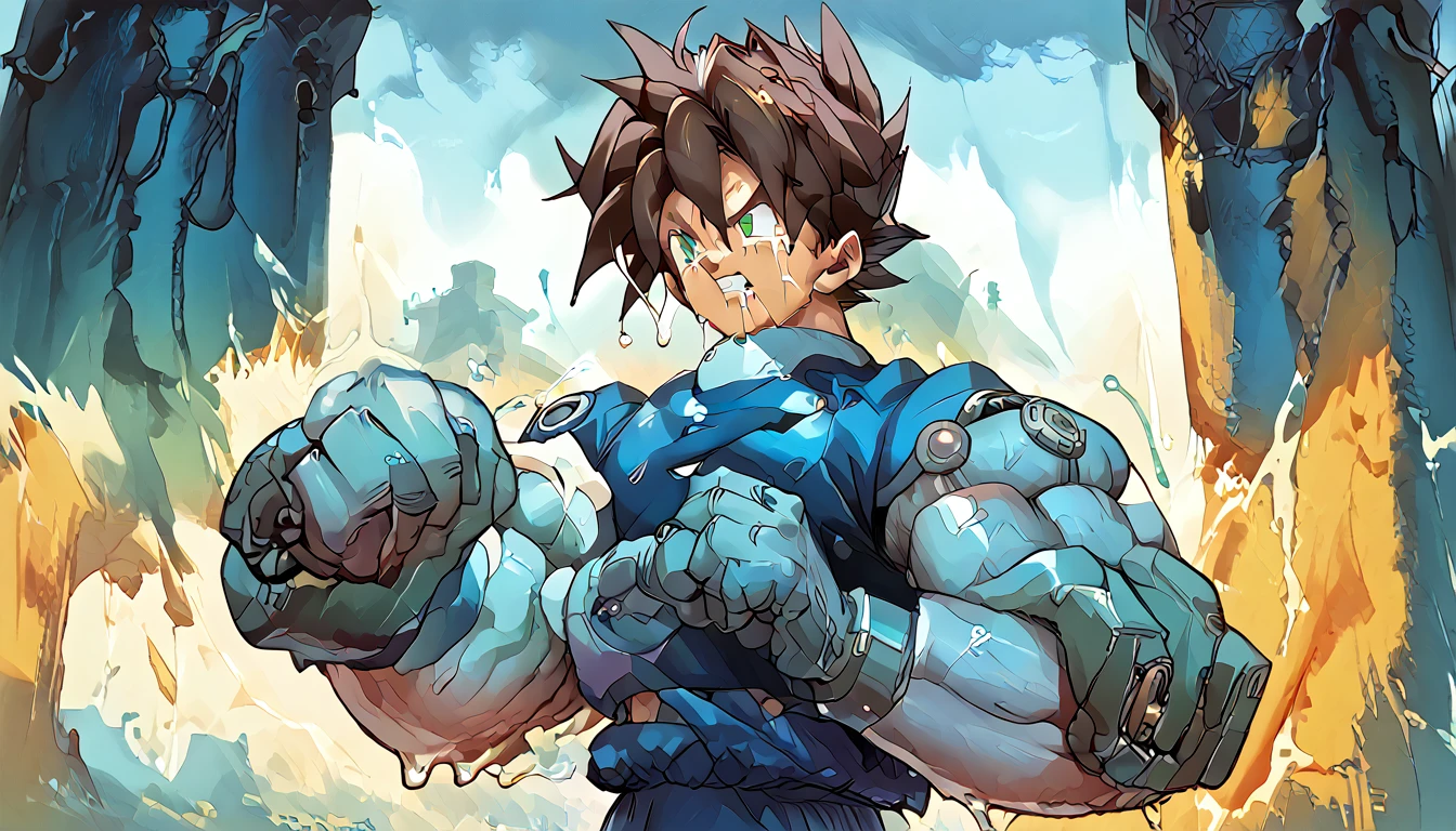 Highest quality,RAW Photos,Professional Art Works,m3g4m4n,Blue Armor,Muscular,Brown Hair, boy,male focus, brown hair, green eyes, Alone, android, hair between eyes,Ancient ruins with floating red and green crystals,Crying face,(((Huge muscles,Huge erect penis,Have sex with another Megaman))),Excessive sweating and drooling,Massive ,3boys,