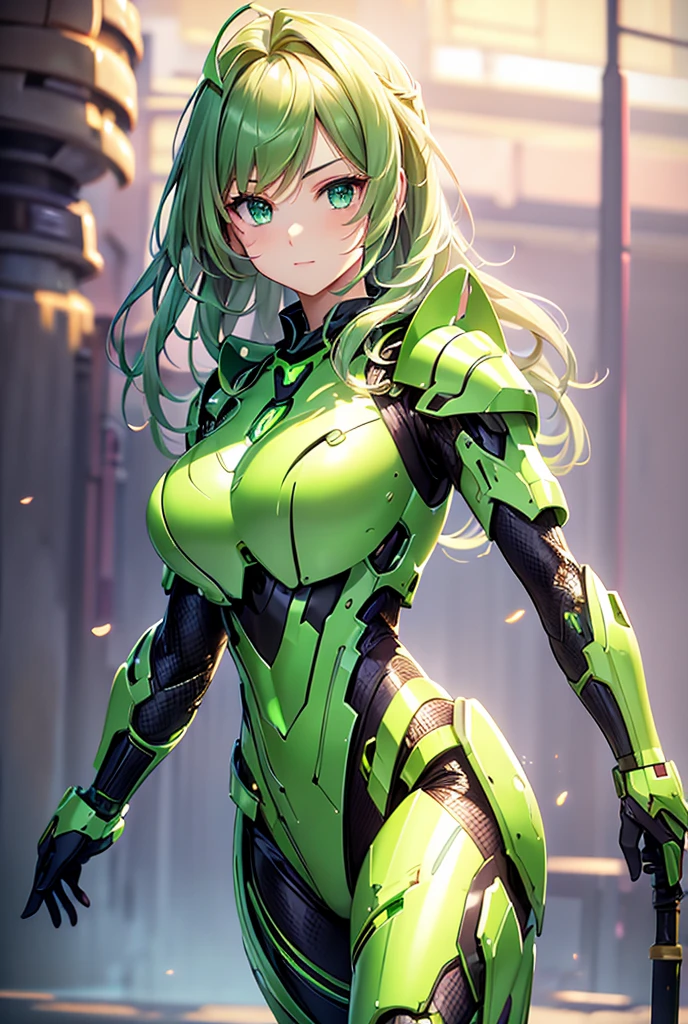 A slender woman with an elegant figure and short, water-green hair highlighted with purple accents. She has pointed ears adorned with subtle earrings and bright green, gleaming eyes. Her skin is fair, and she wears a small smile revealing sharp fangs. She is dressed in a futuristic purple armor with green details. The background features a night scene of a destroyed city building. The image should be of high quality and super resolution.