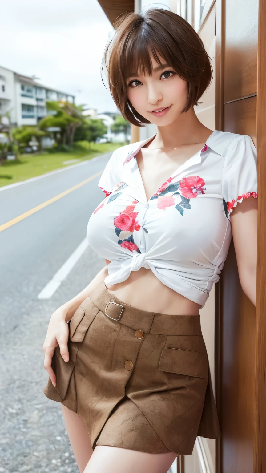 (masterpiece:1.3), High resolution, Very detailed, Highly detailed CG Unity 8K wallpapers, Realistic, photo-Realistic, RAW Photos, (((Burstingly Big Breasts:1.5)))、((Tight abdomen))、Beautifully detailed face, Pale skin, Realistic skin, Detailed cloth texture, Detailed hair texture, Perfect Proportions, Beautiful Face, Accurate, Anatomically correct, touches the girl. Very detailed facial and skin texture., Natural neck length, (Beautiful Hands), (Fair skin:1.2), Thin legs, Thin legs, Sexy thighs, break, Detailed eyes, Symmetrical eyes, Light brown eyes, double eyelid, Thin eyebrows, (Glossy Lips:1.4), (A shy smile:1.2), ((Cute wink:1.2)), break, (Classy and cute girl:1.3), (Wearing a white floral shirt:1.2), (Wearing a paleo skirt, Trendy sandals:1.1), (Large Breasts:1.2), (Slim figure:1.2), (Beautiful curves), (supermodel), (Dark brown hair, Wavy Hair), ((short hair, Asymmetrical bangs:1.2)), (Upper Body Shot:1.2), (View your audience:1.2), (From above:0.5), break, (Standing at the entrance of a beach hotel in Okinawa:1.2),