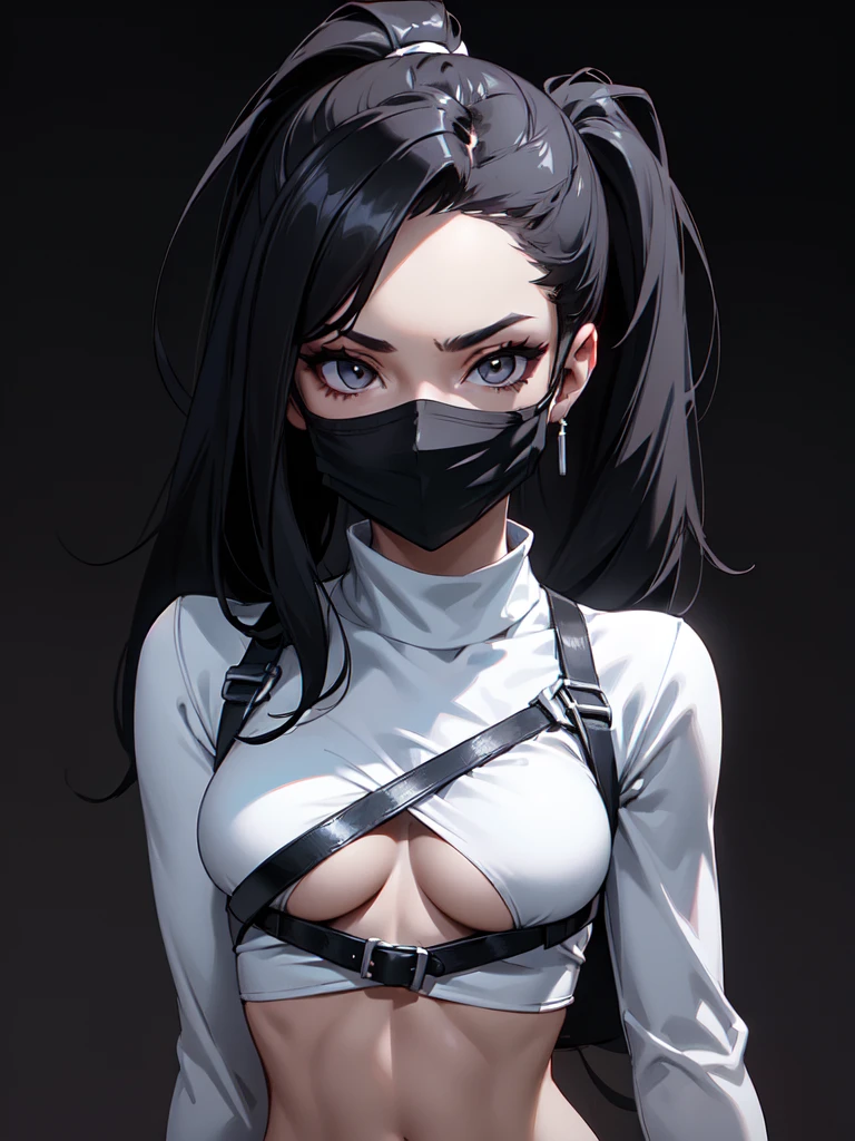 Ninja Girl, big breastes, black briefs, mid length hair, nearly without clothes, Beautiful navel, The chest is wrapped in a thin black ribbon, black bandage around the chest, Wearing a mask, bare shoulders, nice ass, Sexy, Masterpiece quality, Detailed, beste-Qualit, Perfect, two arms, Holds a katana, looks at the viewer, stands in front of the viewer, two arms