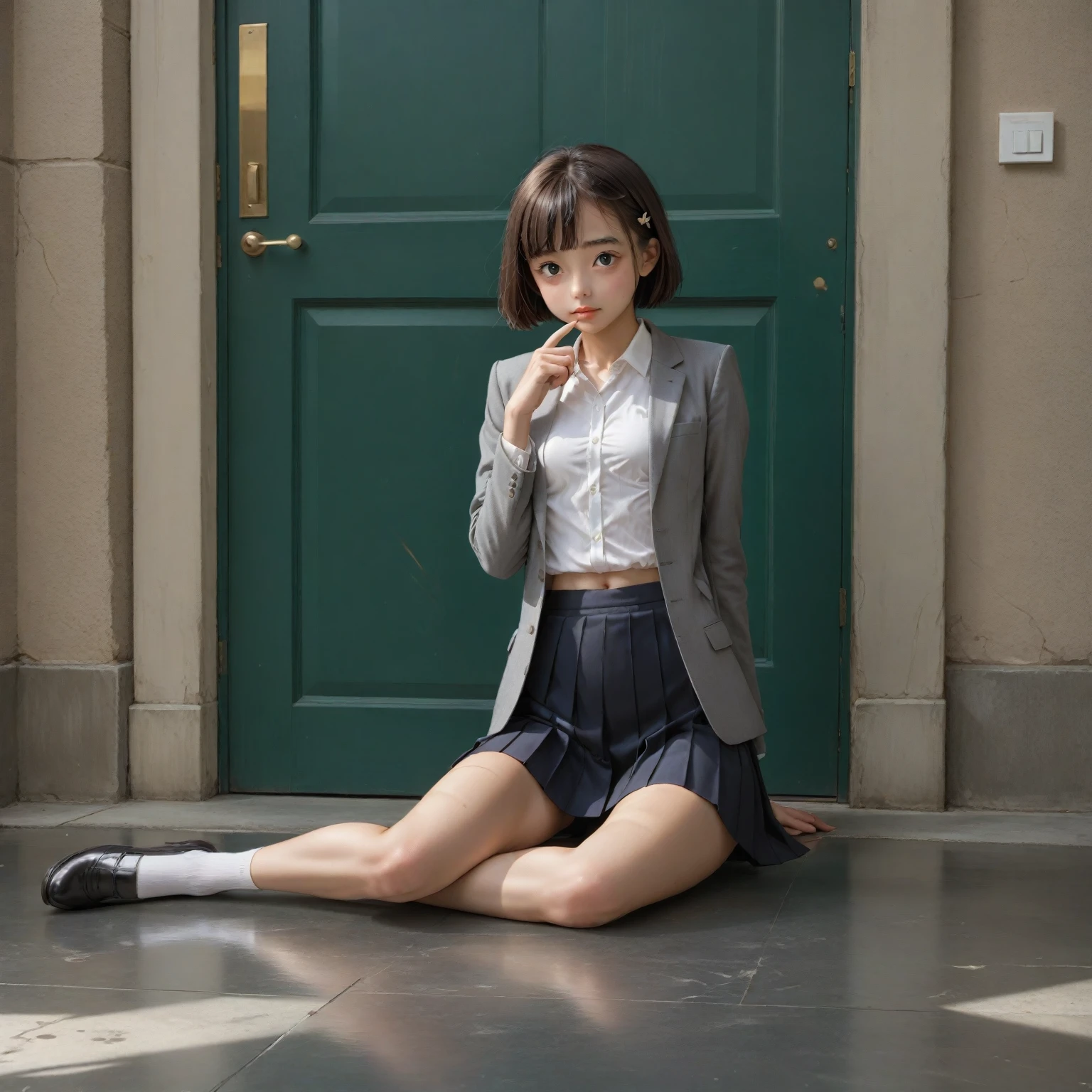 1girl,isiharasatomi,20 years old,(****:1.2),,beautiful women,office_lady,,(small breasts:1.2),(skinny:1.2),akb48,nogizaka46,a young japann woman with dark brown hair, wearing a gray blazer, white blouse,  gray mini pleated skirt, is seated on a white tiled floor. Her left foot is resting on the floor, while her right foot rests on the edge of the floor. The woman's right hand is resting against a white wall, adding a touch of color to the scene. To the left of the woman, a green tiled wall is visible, with a green door in the background.,score_9,score_8_up,score_7_up,source_real,real skin,BREAK