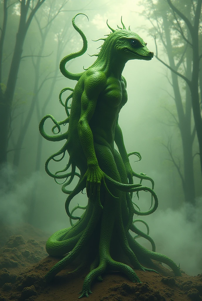 Humanoid snake with arms, Her tail coils around a rock altar, macabre smile, dark swampy environment