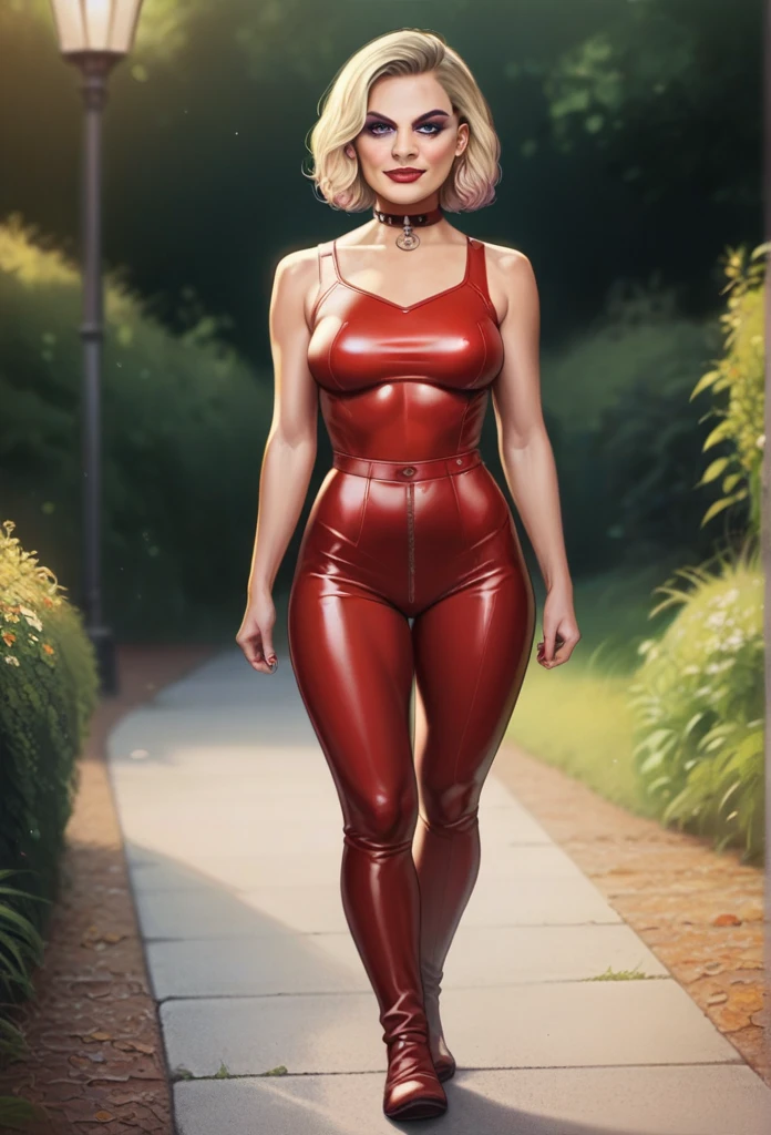 Margot Robbie is a  very misterious Blondie Woman wearing a Dark red leather Tight uniform,  walking Very imponent in shadows, in a apocaliptic nuclear war in orange tone,  32k resolution, detailed, Cinematic scene 