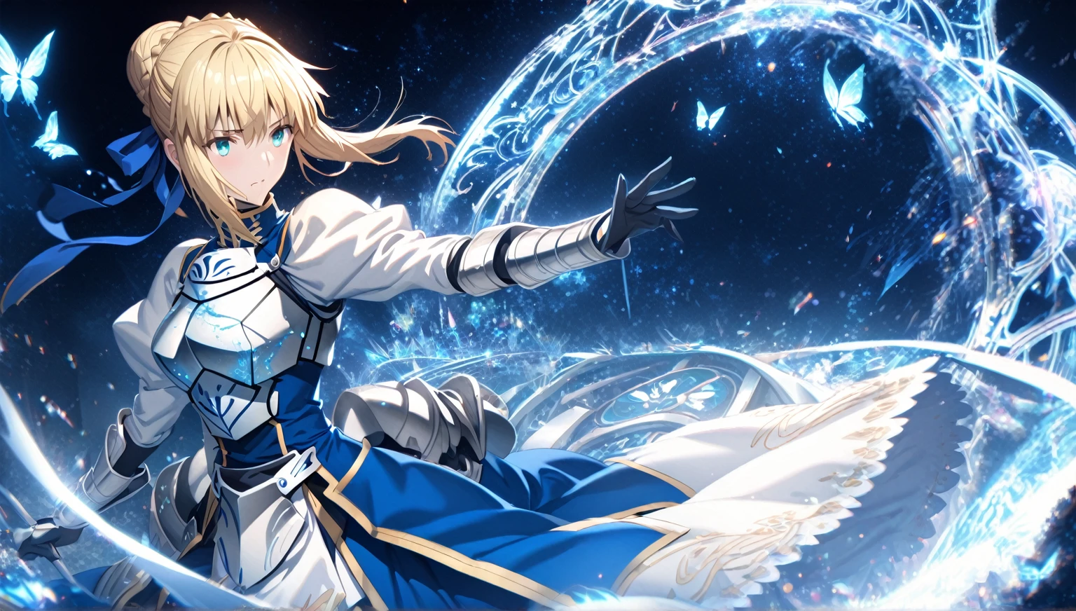 absurdres, highres, ultra detailed, HDR, master piece, Artoria Pendragon, blonde hair tied in a bun, expressive turquoise eyes, Saber, blue dress, extremely beautiful, sexy woman, best quality, Fate Grand Order, magical circle, fantasy, magical, sensual, blue starry sky, glittering, accessories, silver armor, blue ribbon, blue magic, blue flames, blue butterflies,