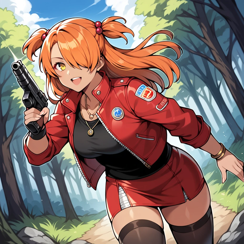 score_9, score_8_up, score_7_up, score_6_up, score_5_up, score_4_up, source_anime, rating_safe, BREAK chouchou akimichi, 1girl, dark-skinned female, curvy, fat,orange hair, hair over one eye, two side up, long hair, yellow eyes, hair red bobbles,gentle,red skirt,leather skirt,black shirt,thighhighs,red jacket,leather jacket,open jacket,zip,necklace,vision necklace,gun,black gun,war,forest,shooting