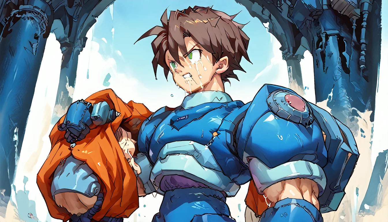 Highest quality,RAW Photos,Professional Art Works,m3g4m4n,Blue Armor,Muscular,Brown Hair, boy,male focus, brown hair, green eyes, Alone, android, hair between eyes,Ancient ruins with floating red and green crystals,Crying face,(((Huge muscles,Huge erect penis,Have sex with another Megaman))),Excessive sweating and drooling,Massive ,3boys,