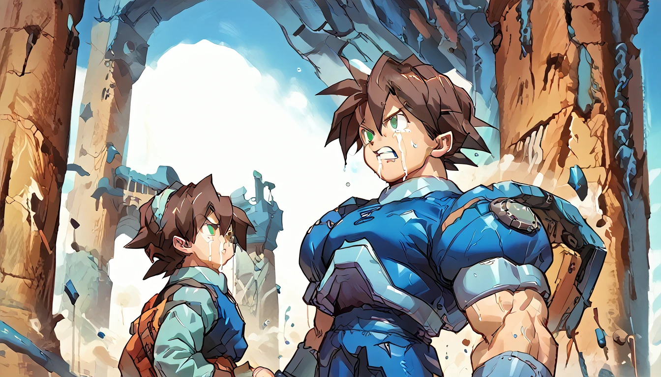 Highest quality,RAW Photos,Professional Art Works,m3g4m4n,Blue Armor,Muscular,Brown Hair, boy,male focus, brown hair, green eyes, Alone, android, hair between eyes,Ancient ruins with floating red and green crystals,Crying face,(((Huge muscles,Huge erect penis,Have sex with another Megaman))),Excessive sweating and drooling,Massive ,3boys,