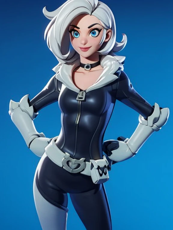 (masterpiece, best quality:1.2), 1girl, solo, Black_Cat_(Fortnite), blackcat, Black Cat, Fortnite, female, long white hair, white hair, blue irises, blue eyes, domino mask, bodysuit, black bodysuit, gloves, choker, white gloves, collar, fur trim, skin tight, zipper, utility belt, cleavage superhero, hourglass figure, medium breasts, masterpiece, best quality,3d rending work ,3DMM style, 3D,
