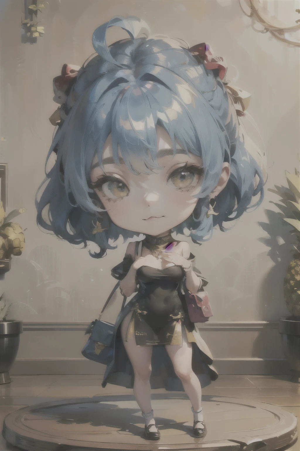 (Masterpiece、Fresh pineapple:1.2)、(Chibi Body、Small face、Light blue hair color, Short chignon hair、Highly detailed eyes、Golden Eyes、Beautiful breast growth、 :3, Ahoge)、(Carefully drawn fingertips、Beautiful human hands、Carefully drawn fingers、gloss々Skin、Slender、Thin thighs、Thin legs)、(chibi gal、Angle from below、A world view and background that suits chibi、Beautiful clothes、One-piece dress、A wonderful scene on a summer night、to close range、Play with all your might、Handbags、Shiny shoes:1.2)