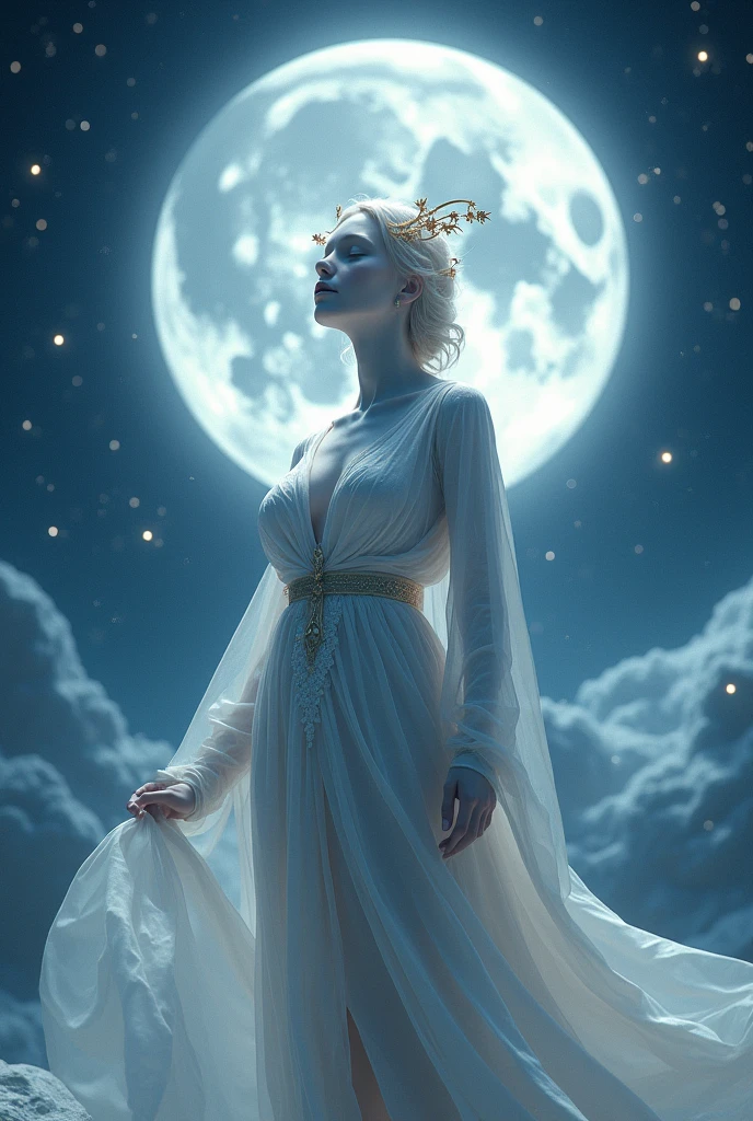beautiful moon queen navigating to a glowing translucent crystal ball moon, all integrated into a kind of whole entity, sitting on a crescent moon, 8k resolution Astronaut, ALIEN PLANET, ultra beautiful blonde short haired tall Nordic Woman, within round escape pod like Portal to another WORLD, traveling through space and time while still, Science Fiction,