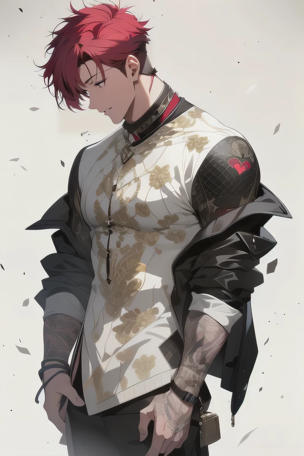 Handsome man , tall, lean ,((muscular body:1.1)) , ((has facial stubble:1.1)) , red hair , ((very short hair:1.3)) , red eyes , masculine , red eyes ,((male:1.2)),age 32, ((heart earrings)),