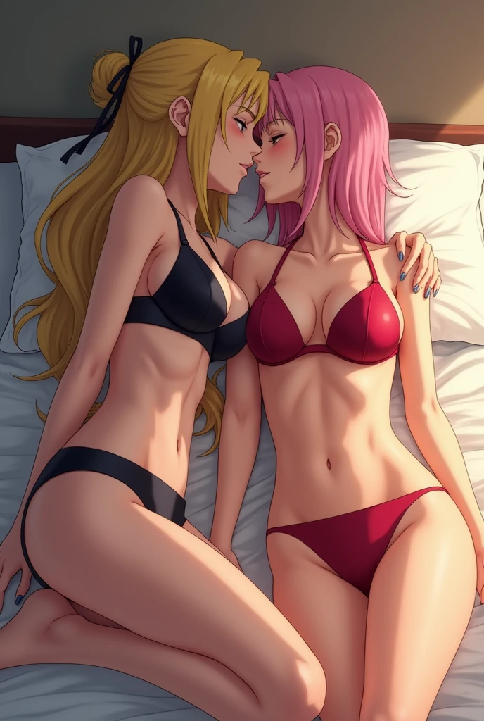 Create a scene with the Naruto anime character Hinata in black bra and panties kissing Ino in red bra and panties on the bed