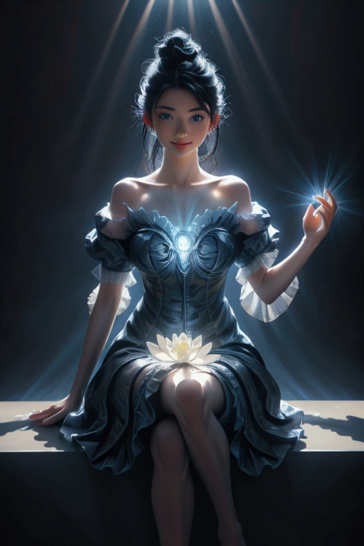 highly detailed, 8k, masterpiece, One girl, Blue frills_hair_tube, dress, bend_that's all , Grin, (perfection_face), Sitting, machine, Brilliant, Complex, Dramatic lighting, 4K, detailed_background, Caustics, full_body, (Surreal:1.3), bloom,(Beautiful lighting:1.3), Caustics, Dynamic Lighting, Beautiful lighting, (Dakota Fanning:0.5) 