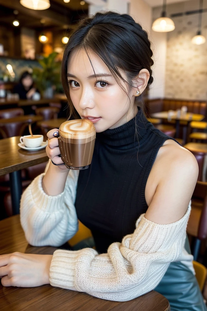 One Girl, ((Oversized high neck cable knit,short knit dress,I can see your shoulders:1.10)), (Beautiful Japanese Idol Portrait Photos), (Sitting in a cafe during the day, drinking a latte:1.8), (RAW Photos, Best Quality), (Realistic, photo-Realistic:1.4), masterpiece, 8K Portrait, Very delicate and beautiful, 非常にdetailed, 2k wallpaper, wonderful, detailed, 非常にdetailed CG unity 8k wallpaper, 非常にdetailed, High resolution, Soft Light, 美しいdetailedな***, 非常にdetailed eyes and face, Beautiful and sophisticated nose, Beautiful attention to detail, Cinema Lighting, Perfect Anatomy, Slender body, Small breasts, Medium Hair, Bokeh, Dynamic Angle, (Elegant and sophisticated atmosphere)