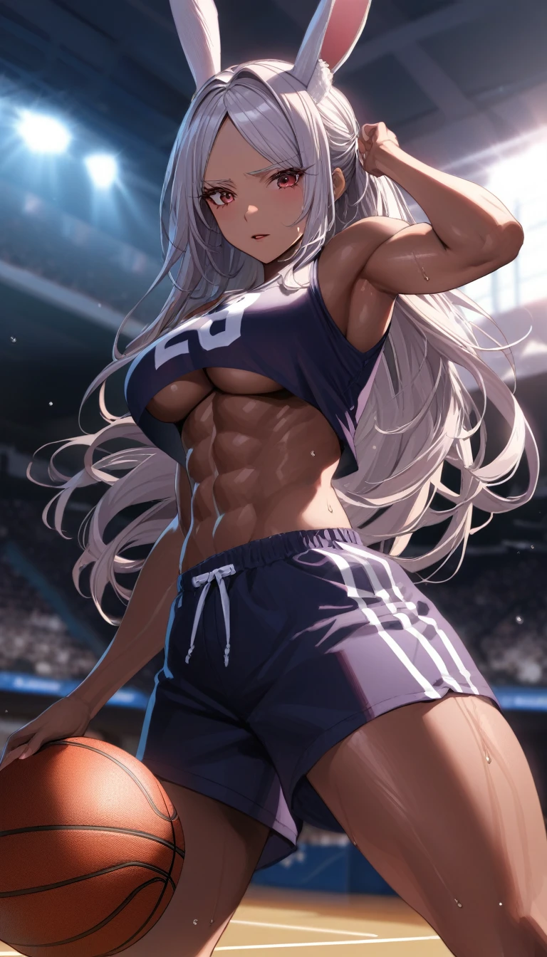 (Mastepiece, best quality, absurdres), close up shot, 1girl, mirkodef, dark skin, muscular, rabbit ears, mature female, holding a basketball in one hand, (underboob), wearing a basketball jersey, basketball court, looking at wiewer, (exhausted, sweating), large , 8k intricate illustration, dynamic pose, cinematic lighting, volumetric lighting, vibrant colors, ray tracing, intricate details, 