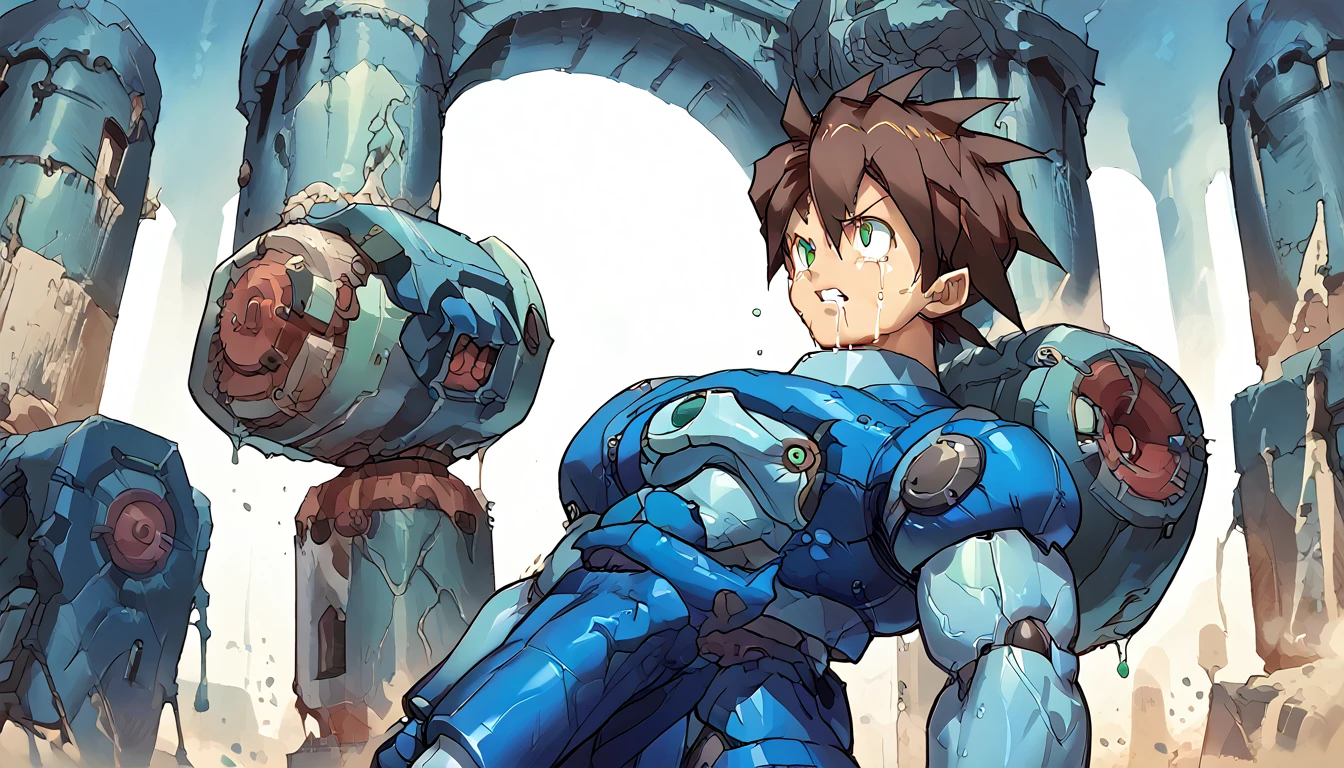 Highest quality,RAW Photos,Professional Art Works,m3g4m4n,Blue Armor,Muscular,Brown Hair, boy,male focus, brown hair, green eyes, Alone, android, hair between eyes,Ancient ruins with floating red and green crystals,Crying face,(((Huge muscles,Huge erect penis,Have sex with another Megaman))),Excessive sweating and drooling,Massive ,3boys,