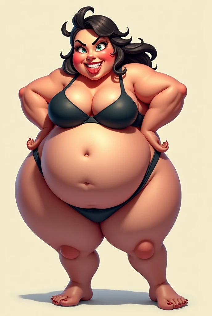 Obese chubby woman, fat face, wearing black stained underwear, black sports bra, long brown hair, smirking, big round sweaty butt, sback turned sitting on top of skinny girls head, wrestling ting, cartoon, 2D, warm colours,