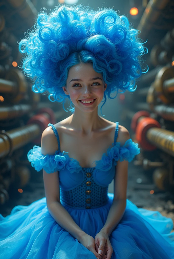 highly detailed, 8k, masterpiece, One girl, Blue frills_hair_tube, dress, bend_that's all , Grin, (perfection_face), Sitting, machine, Brilliant, Complex, Dramatic lighting, 4K, detailed_background, Caustics, full_body, (Surreal:1.3), bloom,(Beautiful lighting:1.3), Caustics, Dynamic Lighting, Beautiful lighting, (Dakota Fanning:0.5) 