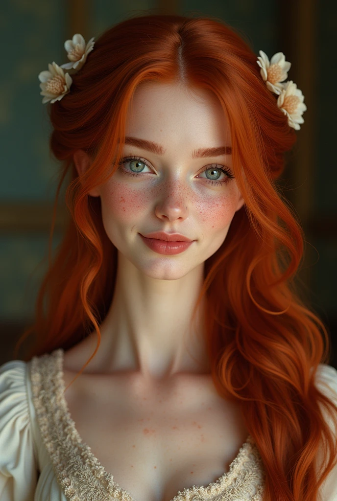 (Detailed face features:1.3), (((mature woman))), standing wearing a long dress, (perfil face close-up photo, 16k, masterpiece, best quality: 1.2), (high detailed skin), (curly red hair), ((red eyes, freckles, detailed lips)), slim, automatic white balance, (ultra realism, hyper detailed and intricate realism: 1.3), (wide depth of field, radiant mapping: 1.2), High dynamic range, vivid, rich details, clear shadows and highlights, realistic, intense, enhanced contrast, clear outdoor,