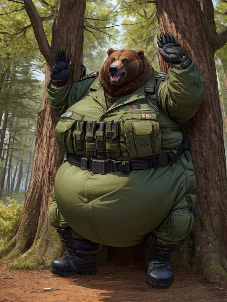 anthro, bear:2.4, seated in a trunk, chubby, (looking to viewer, malicious look:1.5, teeth, wearing military vest with ghillie suit covered with leaves and hood in a forest:1.4), ((dynamic pose)), strongman:1.7, (solo:2.8), male, flaccid penis:1.7, foreskin, dripping, saggy balls, super detailed, best art, 8k, vibrant, (by snowskau), by taran fiddler:1.8, by RedRusker:1.8, art stile, 3D, halfbody:1.2), masterpiece, best quality, half body:1.8, halfbody:1.8, low angle shot:1.3,