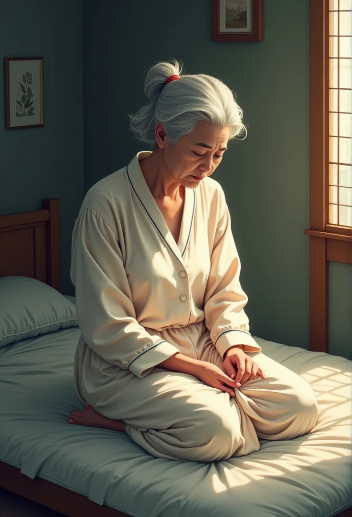 A white-haired grandmother fell asleep in bed,Shabby room with background