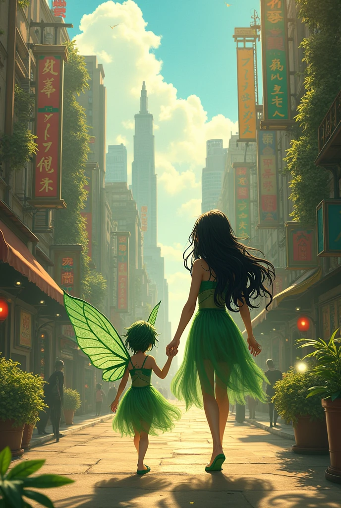 a young girl with vibrant, blue-green dragon wings flutters along the bustling streets of a shimmering metropolis as she gallops through the city night. The skyscrapers tower overhead, casting dappled shadows on the pavement below. She stops on top of the building, her arms wrapped around the door handle. She turns to the ground, a smile spreading out as she continues on her journey.