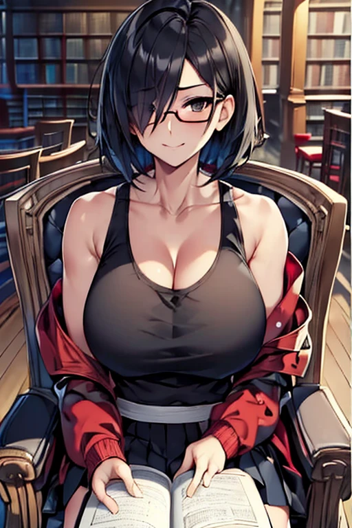 masterpiece,Best Quality,Super high-definition description,Full HD,16k,Super Resolution,Accurate human anatomy,Correct human anatomy,fun,smile,((Daytime,library,Large bookshelf,machine,chair)),Sitting:1.7,Reading a book:2.5,One Woman,Staring at a book_Black cover book,((Black Hair, Short Hair,Cover one eye,Black Eyes,Black glasses)),Open your eyes,expensive,Muscular,(((Abnormally large breasts_Large sagging breasts,Long legs))),(((Black tank top,Red jacket,Blue pleated skirt_Ankle length))),Age 30,Japanese,Colours of the 90s,Dynamic Angle,funシーン.