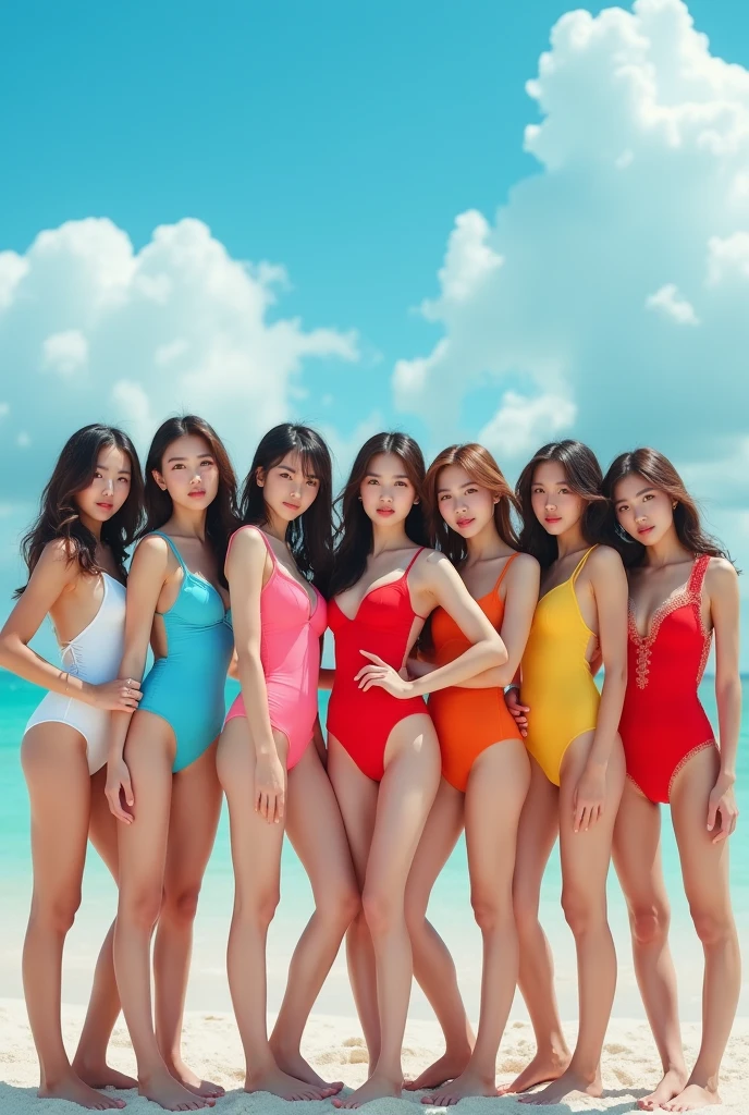 ((masterpiece)), (High detail, high quality, Best image quality), Depth of written boundary, live-action, Open Stance, (cute picture:1.5), (Five non-virgin late age girls:1.9), (Poolside), (Various hair colors and different hairstyles:1.7), (Slimmer style), (Short legs), (Everyone is the same height:1.8), Adjust height, (Several girls of short stature:1.9), (double eyelid:1.5), Dawn, Beautiful light, (null), Professional Lighting, (Small breasts), Normal milk, (Black brown areola:1.3), (Small areola:1.4), (Colorful multicolored swimsuits:1.8), ((Low V-neck swimsuit that reaches down to the waistline:1.9, High leg cut swimsuit:1.9, Slingshot swimwear:1.9)), (Extremely revealing swimsuit:1.8), (Exposure of nipples and areolas:1.9), ((Very transparent swimsuit:1.9)), (Cute girl with a round face:1.6), (A girl as cute as a Japanese idol:1.4), sexy, Dynamic pose, (smile), Dynamic Angle, Underarm
