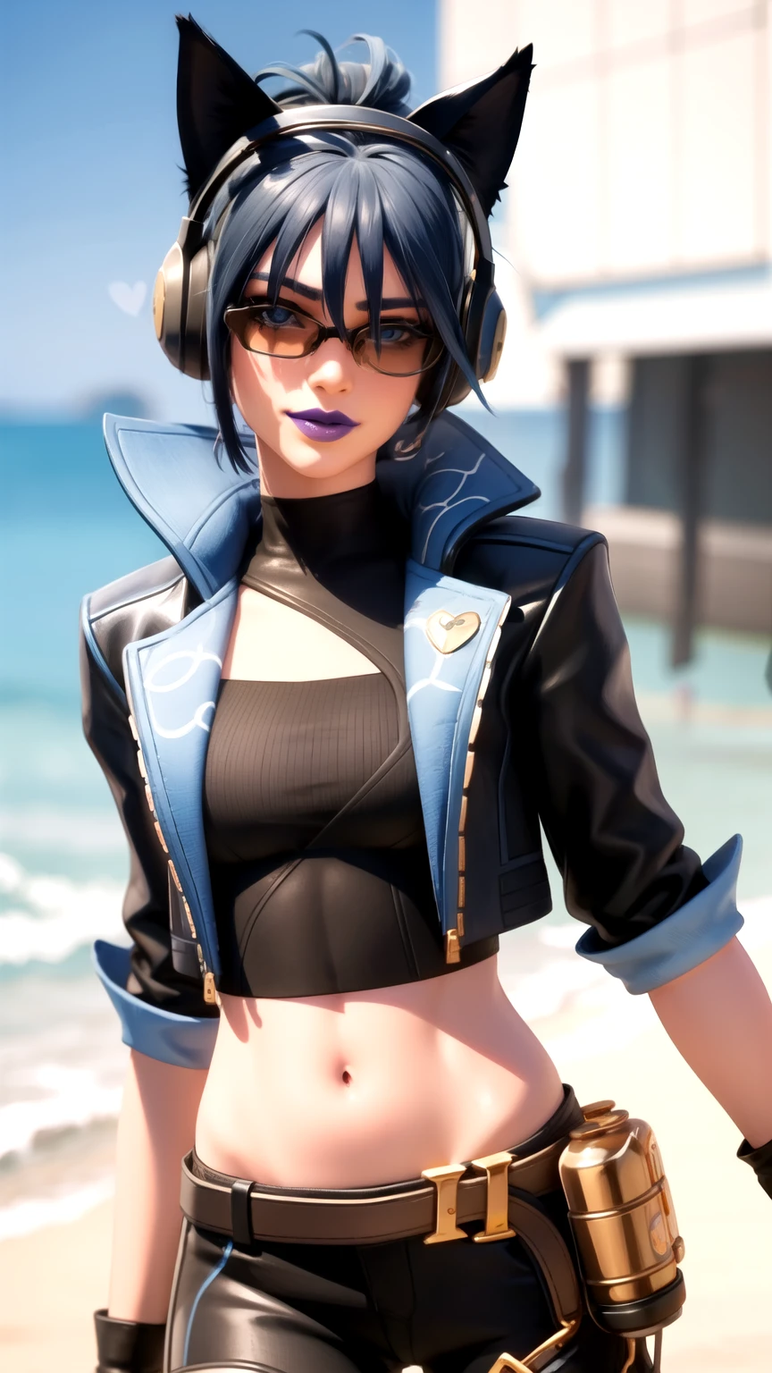 Beach background, Realistic, HeroicHopeFN, 1girl,blue hair,blue eyes, eyeshadow,upper body,(speed lines:1.1),medium breasts, love, heart, gold hearts, black jacket, jacket crop top, cat ears headphones, fake cat ears,black crop top, black pants, blue belt, gloves, black gloves, fingerless gloves, holster, holster spray cans, navel, purple lips, lipsticks, happy, looking at viewer, facing viewer