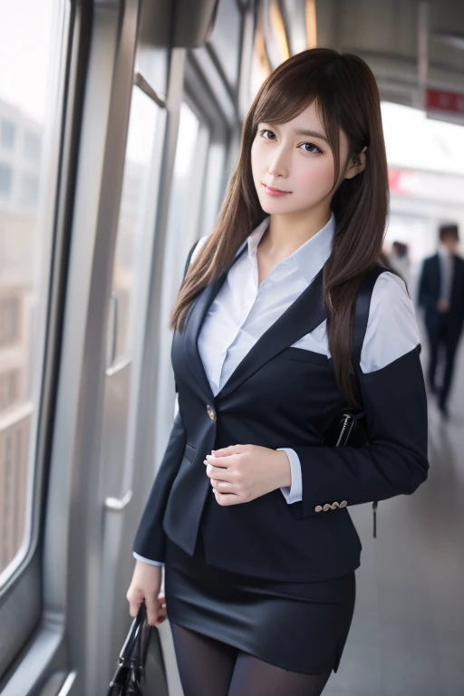 Urzan-6500-v1.1, (RAW Photos:1.2), (Realistic), (Genuine:1.4), １girl、Perfect Anatomy、4、Looking into the camera、long hair、business suit、((Commuting to work:1.3))、mini skirt(Ultra-realistic pantyhose:1.2), (High heels)、(Business services)、
