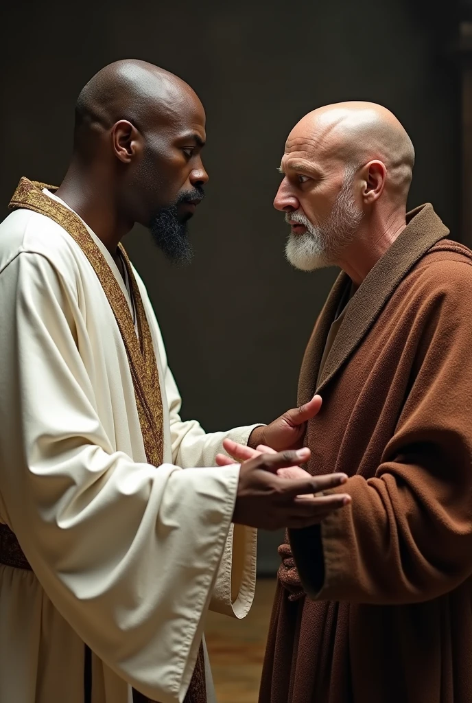 there are two people arguing, (((laurence fishburne))), (((Hugh Laurie))) , (((dressed in biblical times clothes))), black bald man, dressed in white, arguing with evil looking Hugh Laurie, (hugh laurie with white biblical clothes), (Hugh Laurie and laurence fishburne arguing), ((extreme closeup)), (close up)