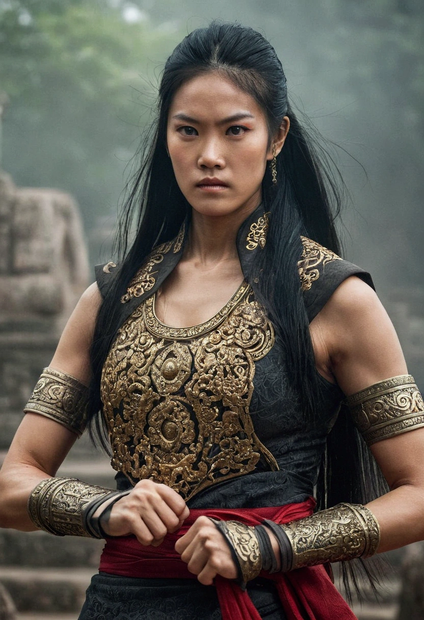 "A fierce and beautiful Thai-Chinese female warrior stands in a powerful combat stance. Her long, flowing black hair is intricately adorned with beads and delicate decorations, adding elegance to her strong presence. Her body is toned and muscular, reflecting intense training. She is wearing a sleeveless brown top with a finely decorated belt, and her forearms are wrapped in bandages for extra strength and protection. Her face shows fierce determination, with sharp eyes focused ahead, ready for battle. Her fists are clenched tightly, signaling readiness for action.

In the background is an ancient Chinese temple, its intricate details slightly blurred to create a sense of depth and history. The atmosphere is thrilling, with a mystical fog lingering in the air, adding a sense of mystery and tension to the scene."