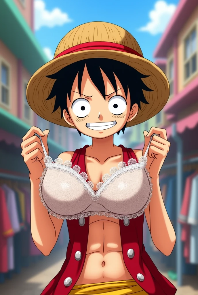 ultra realistic 8k cg, ((ultra detailed background, delicate pattern, intricate detail, highly detailed, fine details)), best quality, (photorealistic:1.4),beautiful lighting, Monkey D Luffy, Straw hat, one piece, big smile, smirk, black hair, Gear 5, gum gum no, naked, nudity, nipples out, blush, horny face, big breasts