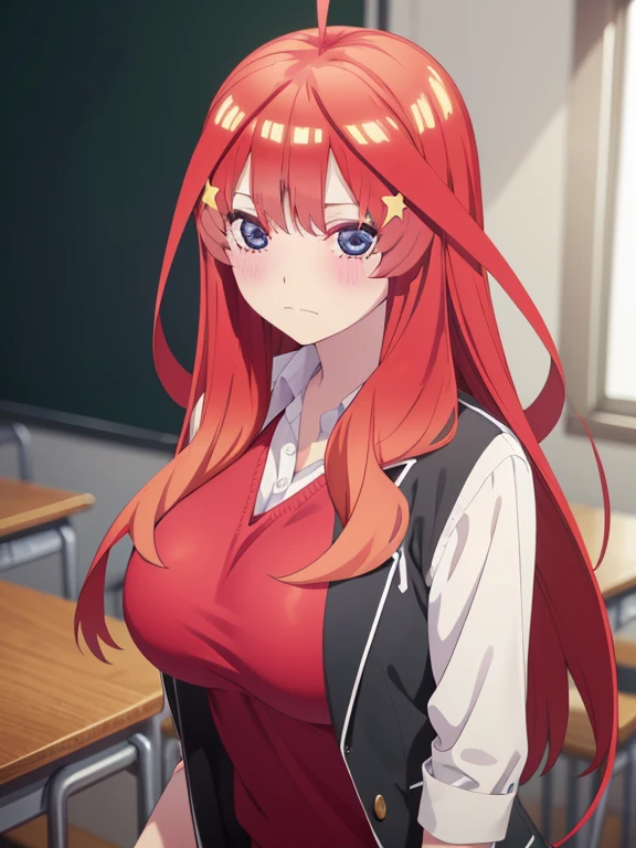 {{single picture}},(masutepiece, Best Quality, hight resolution, nffsw, Perfect Pixel, depth of fields, 4K), , Perfect body, ,  , itsuki nakano, red sweater vest, jacket, white shirt, looking at viewer, closed mouth, large boob,,,, blush, school, class room, 
, ,