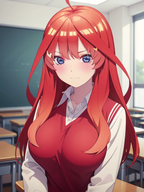 {{single picture}},(masutepiece, Best Quality, hight resolution, nffsw, Perfect Pixel, depth of fields, 4K), , Perfect body, ,  , itsuki nakano, red sweater vest, jacket, white shirt, looking at viewer, closed mouth, large boob,,,, blush, school, class room, 
, ,