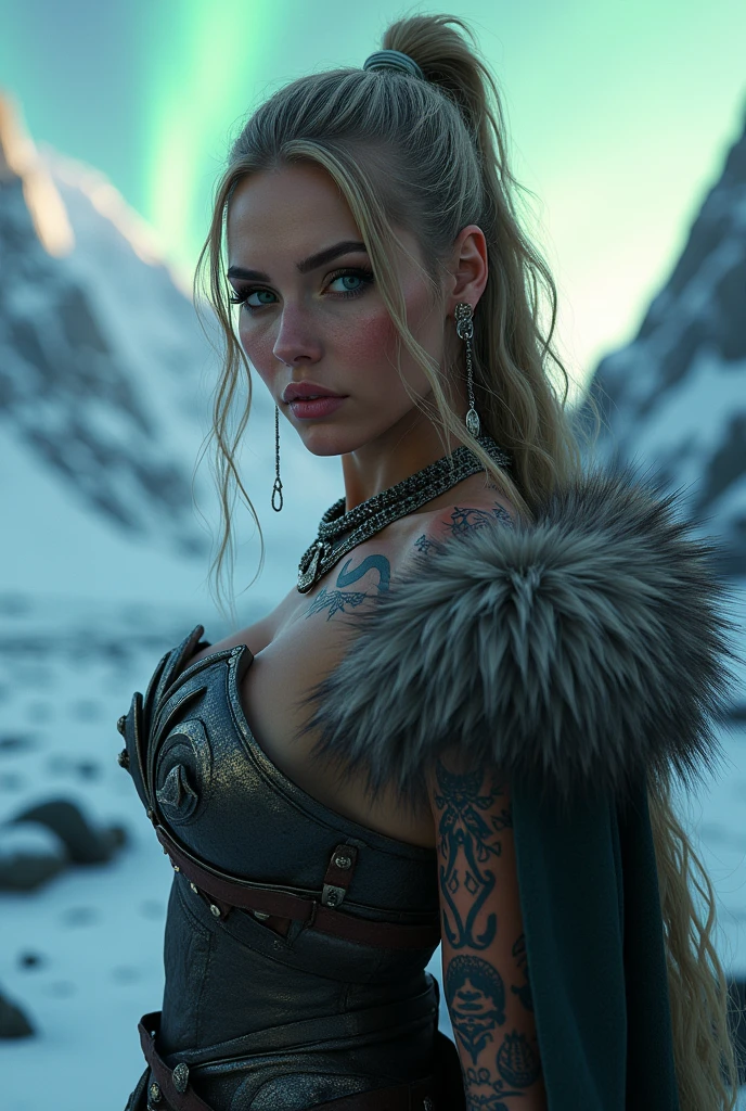 (No NSFW), One Norse Female Worrior of Skyrim Online, Photorealistic, (half body:1.3, exposed face), low angle, (seen from below:1.2), in frame, Norse female warrior is a mature woman around 30yo in Skyrim, ((Skyrim Norse leather bra and strap panties:1.2, with Skyrim Norse fur long cloak:1.2, with Skyrim Norse sword :1.2, exposed her cleavage), werewolf likeness:1.2), a hyperrealistic beautiful mature woman with grayish blue eyes, flowing hair, (light blonde hair:1.4), natural sagging breasts, high detailed official artwork, beautiful mature woman with plumpy body and fatty posture, exposed fatty belly, long legs, attractive thighs of mature woman, (atractive poses:1.3, open-legged), leaning back on the (big trunk:1.0), surrounded by moon light, Dark Night Sky with two moons of Skyrim background, Whiterun nightview of Skyrim Norse Architecture background, realistic portrait, smooth photorealistic, perfect visual of a mature woman, mature woman is lust with oval soft face, bare stomach, small waist, wasp waist, face focus, photon mapping, natural light, warm color tones, vivid colors, cool ambient, foggy atmosphere. No gater belt. No shadow of the philtrum area.