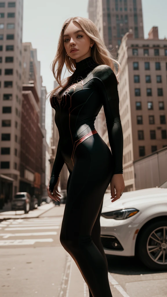 sydswe2024, 1girl, photorealistic, best quality, masterpiece, raw image, depth of field, on top of building, new york skyline, black suit, spider woman, skintight suit, white spider symbol,