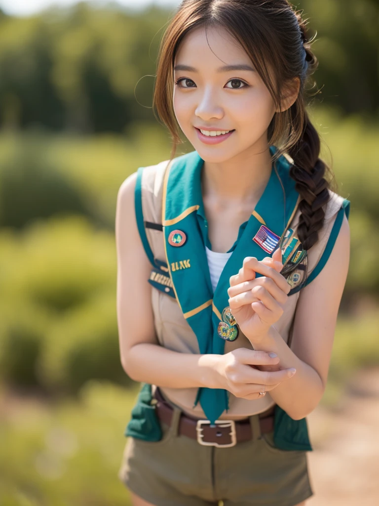 Cowboy Shot, View your viewers, (Early autumn hiking date), (8k, RAW Photos, Best Quality, masterpiece:1.2), (Realistic, Photorealistic:1.4), ((Girl Scout Clothing:1.2)), Teenage Japanese Woman, (One Woman:1.2), She is very beautiful, Cute and symmetrical face, Perfect Face, Light Brown Hair, Medium Hair, Wavy Hair, Put your hair in a bun, Makeup,  Fair skin, Glowing Skin, Beautiful Hair, Beautiful Face, Beautiful attention to detail, Beautiful body, Beautiful fingers, (Hiking trails), Standing, Arms crossed, (Cute Smile), Very detailed, Shallow depth of field, Perfect Anatomy, Perfect legs, Perfect hands, Perfect Eyes, Perfect body, smile, Double eyelids, (Natural Side Lighting, Cinema Lighting),