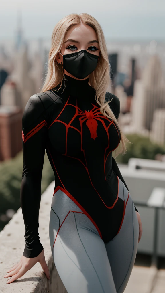 sydswe2024, 1girl, blonde hair, photorealistic, best quality, masterpiece, raw image, depth of field, on top of building, new york skyline, black suit, spider woman, skintight suit, white spider symbol, eye mask, domino mask,